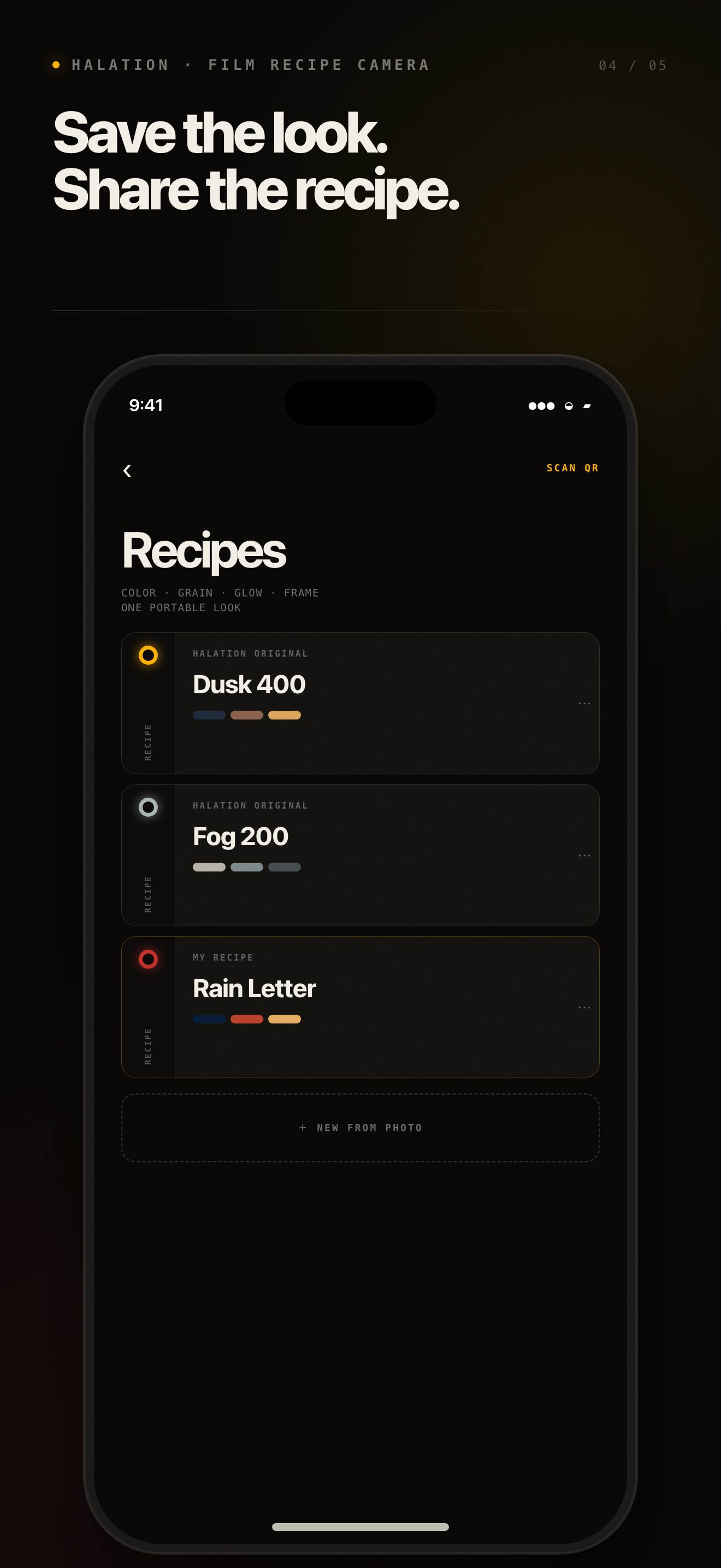 Halation recipe library with Dusk 400, Fog 200, and a personal recipe
